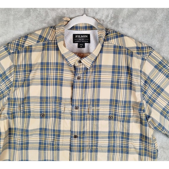 Filson Lightweight Vented Beige Blue Plaid Button Up Shirt Mens 2XL Fishing - Picture 5 of 11